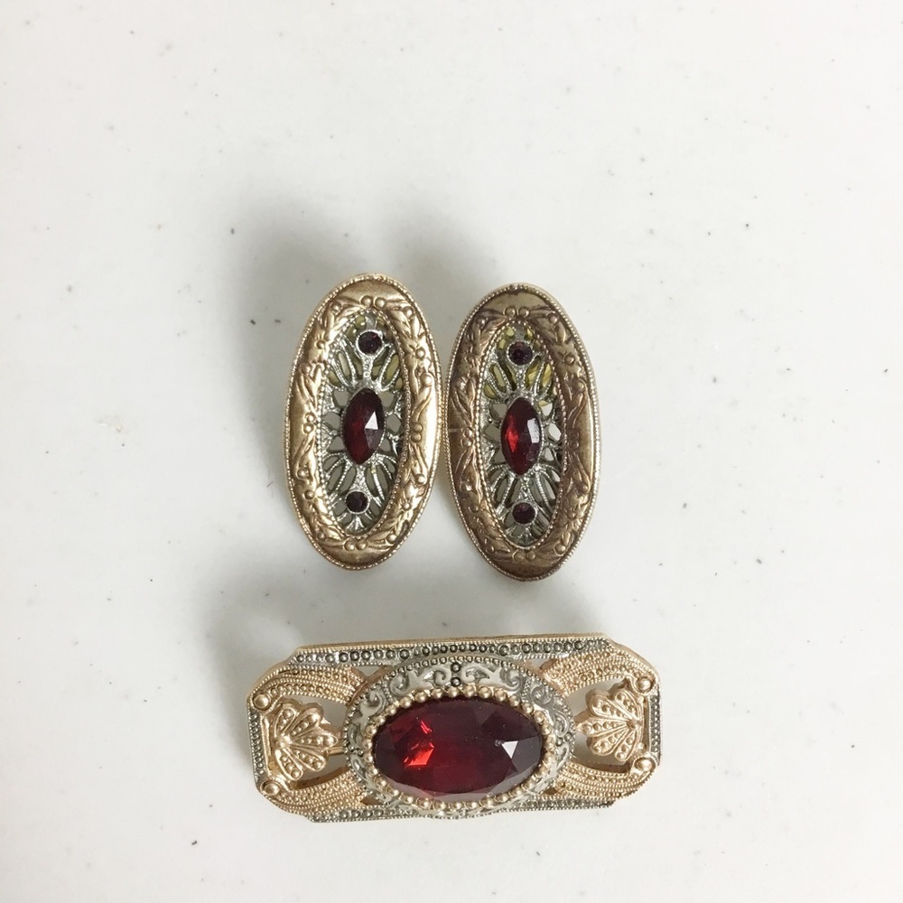 Vintage 1928 Pin & Earrings Set Red, Gold Silver
